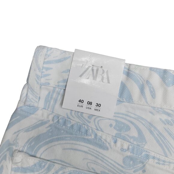 Zara nwt High-Waist Light Blue & White Marble Print Denim Shorts sz 8 button fly - Picture 2 of 5
